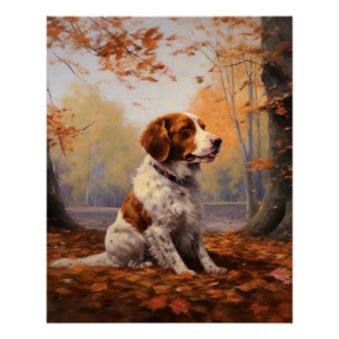 Poster Épagneul breton dans les feuilles d'automne qui to