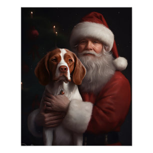 Poster Épanouie Brittany Spaniel avec le Père Noël Noël