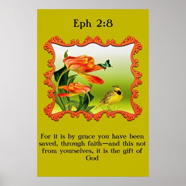 Poster Eph 2:8 Canari jaune et noir mockbird (Devant)