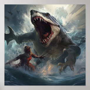 Poster Epic Battle of Megalodon vs T-Rex - Unleas