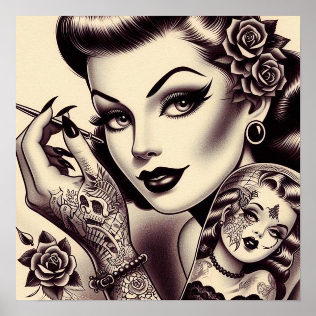Poster Épingle à tatouage rétro vers le haut (Devant)