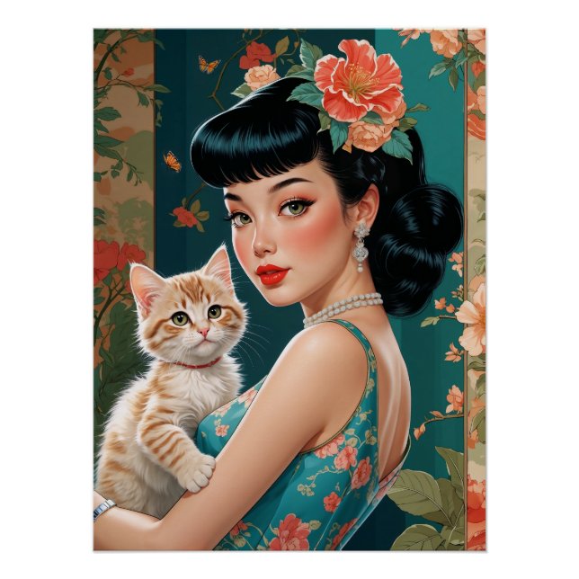 Poster Épingle asiatique et chaton mignon (Devant)