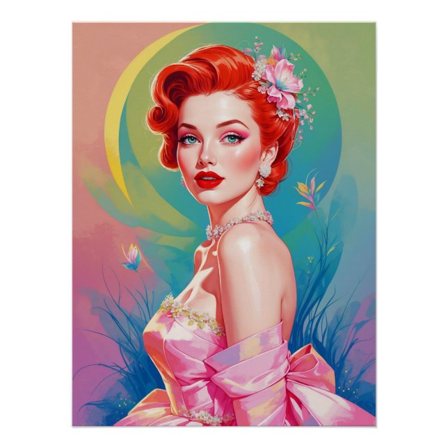 Poster Épingle rouge-haired en gown rose (Devant)