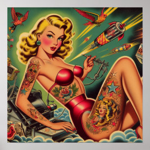 Poster Épingle tatouée vintage vers le haut