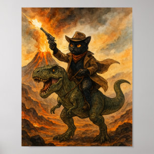 Poster Épique Cowboy Chat Équitant un Dinosaure – Aquarel