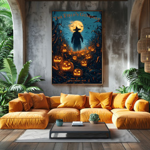 Poster Épouvantail Halloween avec des citrouilles lumineu