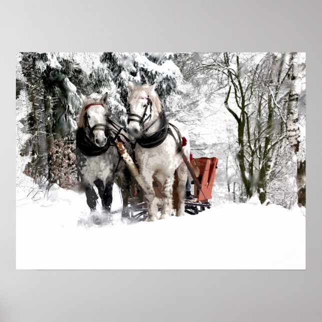 Poster Équipe Cheval Marche À Cheval À Travers Snowy Wood (Devant)
