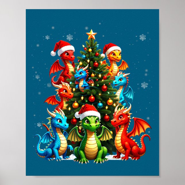 Poster Équipe du sapin de Noël dragon chapeau de Père Noë (Devant)