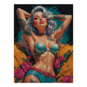 Poster Équipement en cuir de tatouage floral Argent Haire
