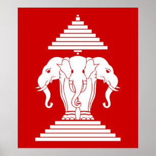 Poster Erawan Trois éléphant en tête Lao / Laos Drapeau
