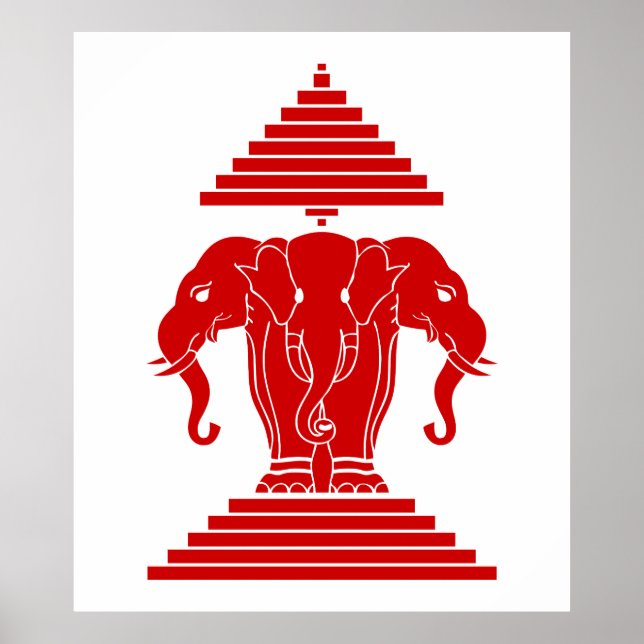 Poster Erawan Trois éléphant en tête Lao / Laos Drapeau (Devant)