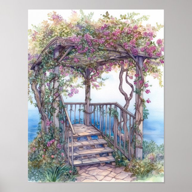 Poster Escalade Rose Arbour dans Ocean Watercolor (Devant)