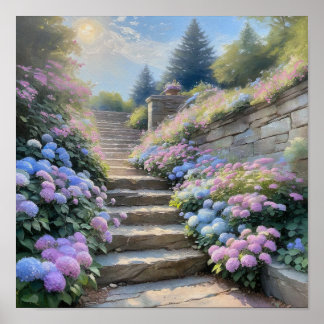 Poster Escalier de jardin en pierre avec hydrangeas roman
