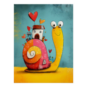 Poster Escargot de dessin animé avec cœur et maison