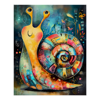 Poster Escargot stylisé avec spirale géométrique colorée