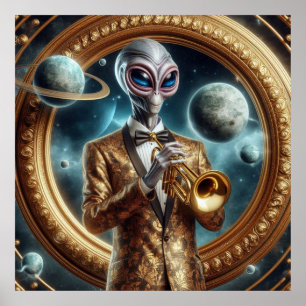 Poster Espace Alien Homme Jouer Trumpet Fancy Jacket