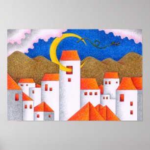 Poster Espace étrange, une ville au clair de lune croissa