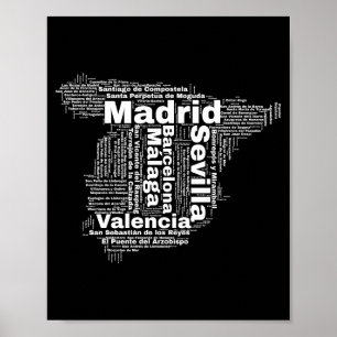Poster espagne carte mot nuage avec noms de villes