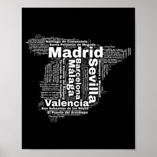 Poster espagne carte mot nuage avec noms de villes