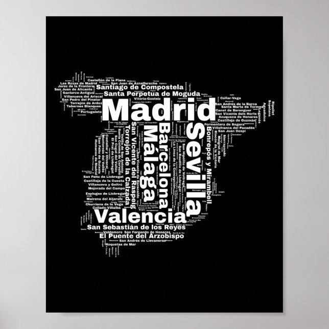 Poster espagne carte mot nuage avec noms de villes (Devant)