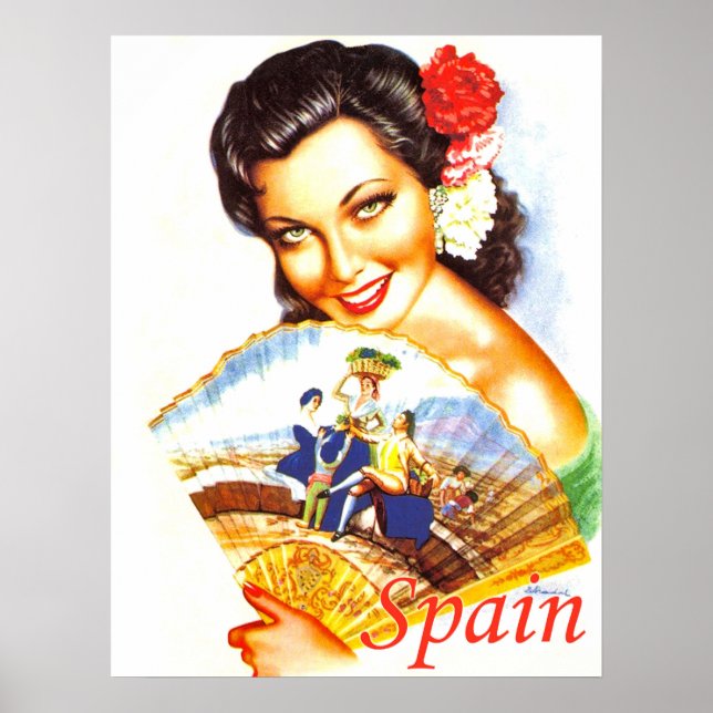 Poster Espagne, portrait d'une Espagnole avec ventilateur (Devant)
