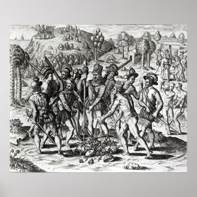 Poster Espagnols recevant des cadeaux d'Indiens (Devant)