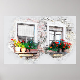 Poster Esquisse de stylo et d'encre des fleurs sur les bo