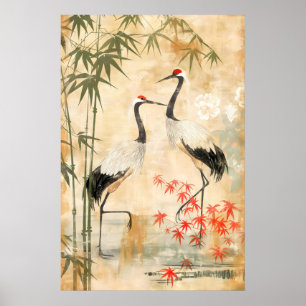 Poster Estampe d'art de grues japonaises et de bambou tex