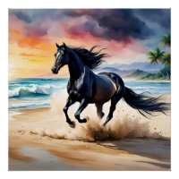Étalon noir sauvage galopant