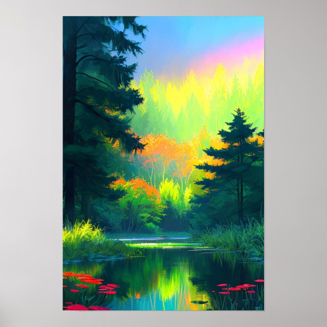 Poster Étang captivant au milieu de la belle forêt (Devant)
