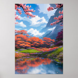 Poster Etang paisible au milieu des arbres rouges majestu