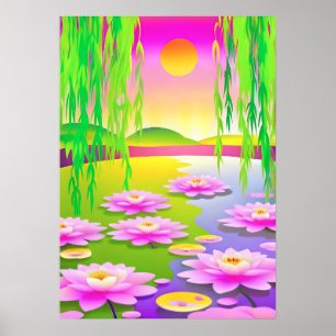 Poster Étang serène avec nappes d'eau rose au coucher du 