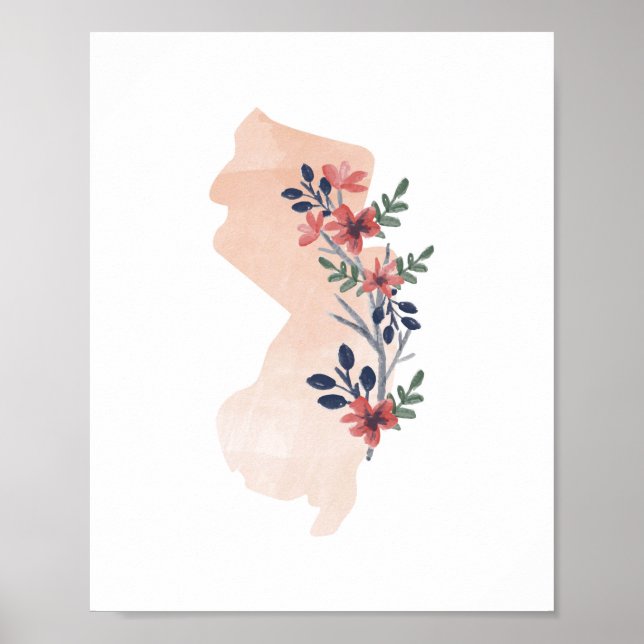 Poster État de l'aquarelle florale du New Jersey (Devant)