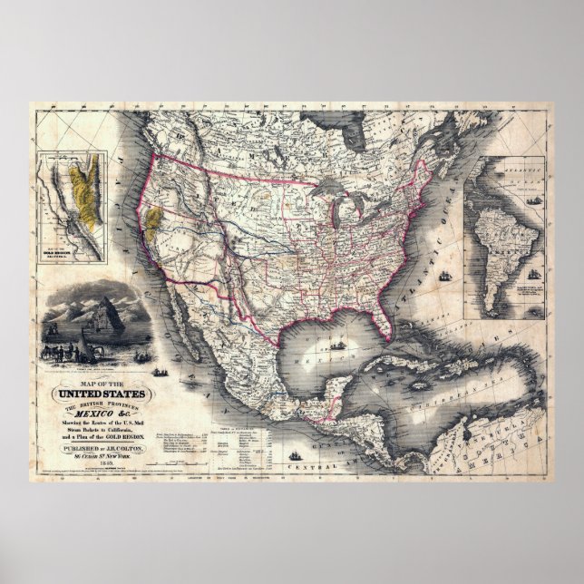 POSTER ÉTATS-UNIS CALIFORNIE GOLD RUSH MAP 1849 (Devant)
