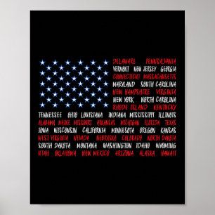 Poster États-Unis Drapeau américain Tous les 50 noms d'Ét