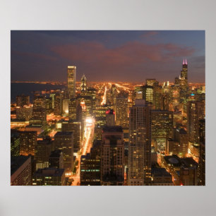 Poster États-Unis, Illinois, Chicago : Vue nocturne de la