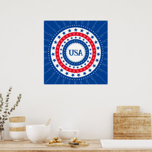 Poster États-Unis Rouge, Blanc, Bleu Étoiles Initiales ou