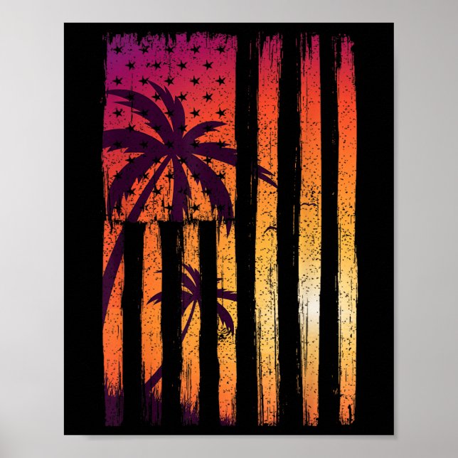 Poster Eté Coucher de soleil Palmiers drapeau américain C (Devant)