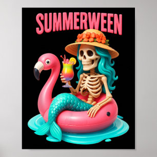 Poster Eté entre Sirène Squelette Flamant rose Halloween