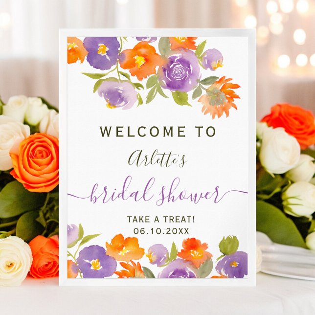 Poster Été Purple Orange Floral Boho Brie bienvenue (Summer Purple Orange Floral Boho Bridal welcome Poster)