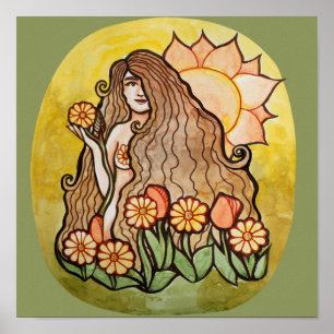 Poster Été Sunshine Goddess Sunflower Jardin Vert