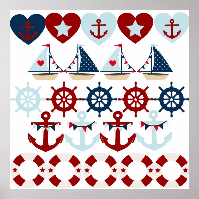 Poster Eté Thème nautique Ancres Bateaux à voile Helms (Devant)