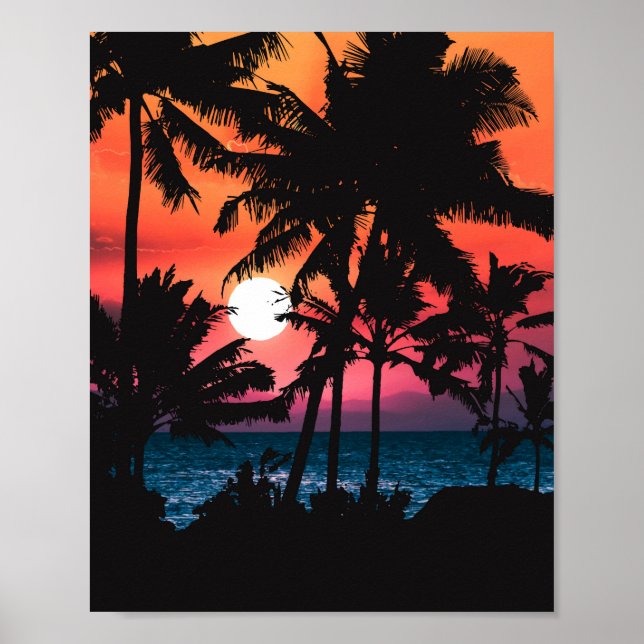 Poster Été Tropical Pink Orange Palm Trees coucher du sol (Devant)