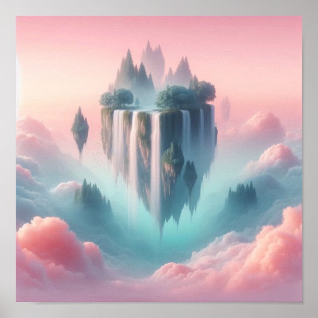 Poster Ethereal Floating Islands and Waterfalls in Pastel (Devant)