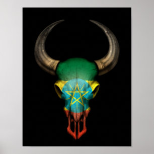 Poster Ethiopian Flag Bull Skull on Black