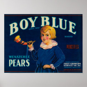 Poster Étiquette bleu de caisse de poire de garçon