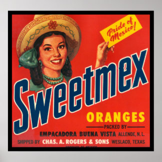 Poster Étiquette de cadence Vintage d'oranges sucrées-mex