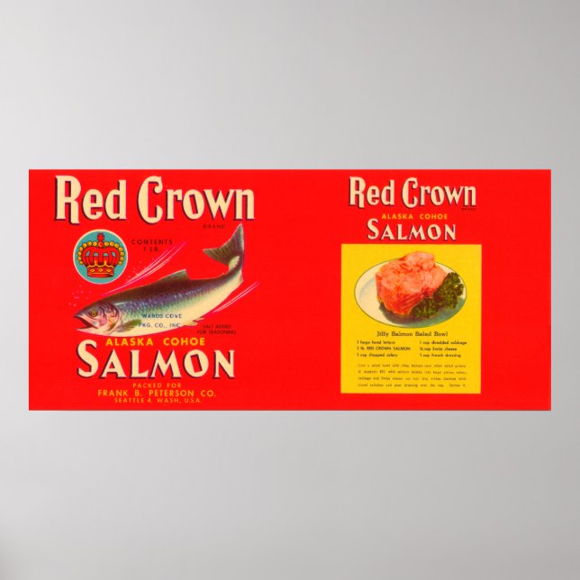 Poster Étiquette Saumon de marque Red Crown - Seattle, WA (Devant)