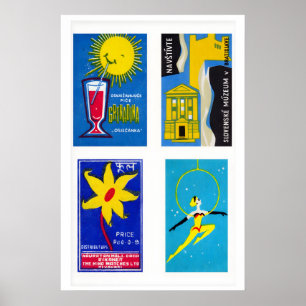 Poster Étiquettes de boîtes d'allumettes bleues et jaunes