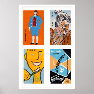 Poster Étiquettes de boîtes d'allumettes Orange & Bleu Cl